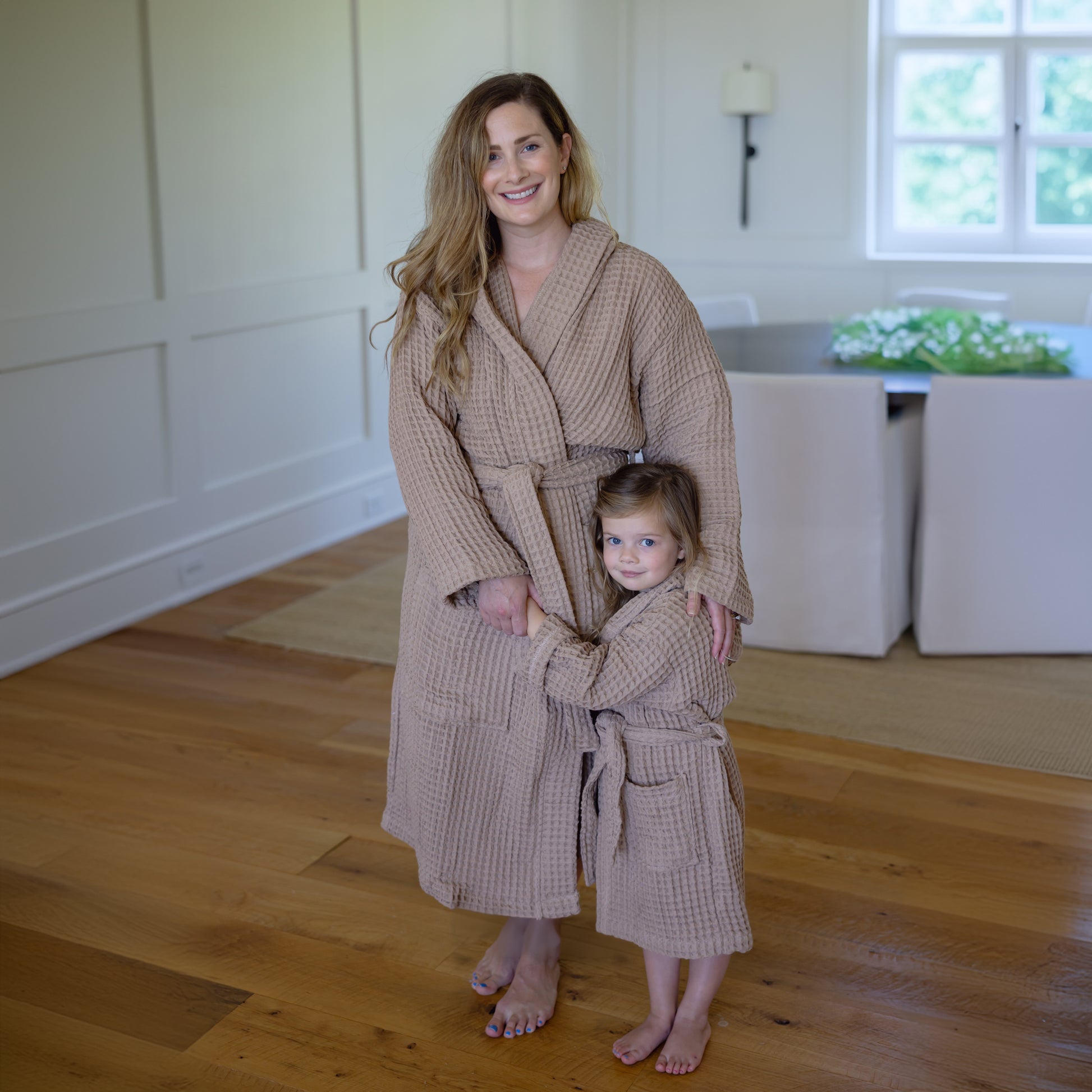 ORGANIC COTTON MOMMY ME ROBE SET: CAMEL (2 Robes) adult S/M:child 1-3