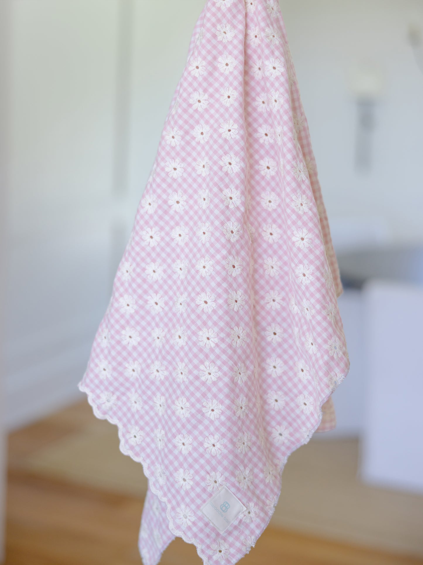 MUSLIN BABY SWADDLE: PINK GINGHAM EMBROIDERED EYELET LACE