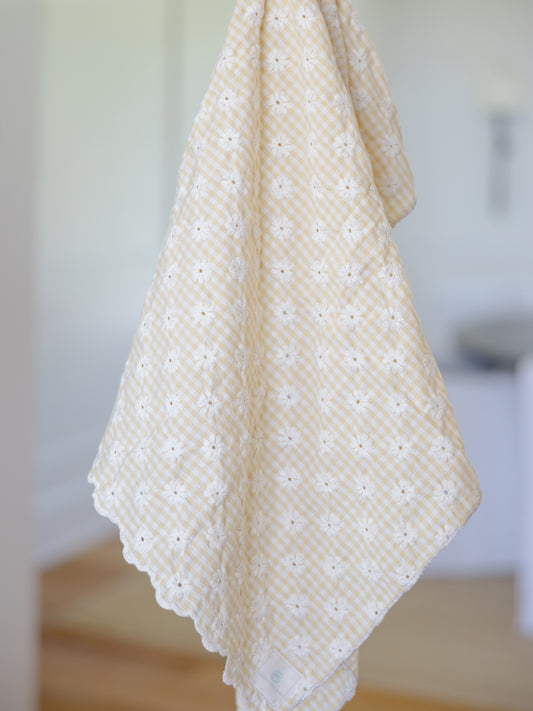 MUSLIN BABY SWADDLE: YELLOW GINGHAM EMBROIDERED EYELET LACE