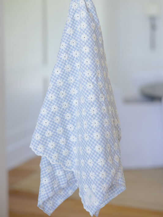 MUSLIN BABY SWADDLE: BLUE GINGHAM EMBROIDERED EYELET LACE